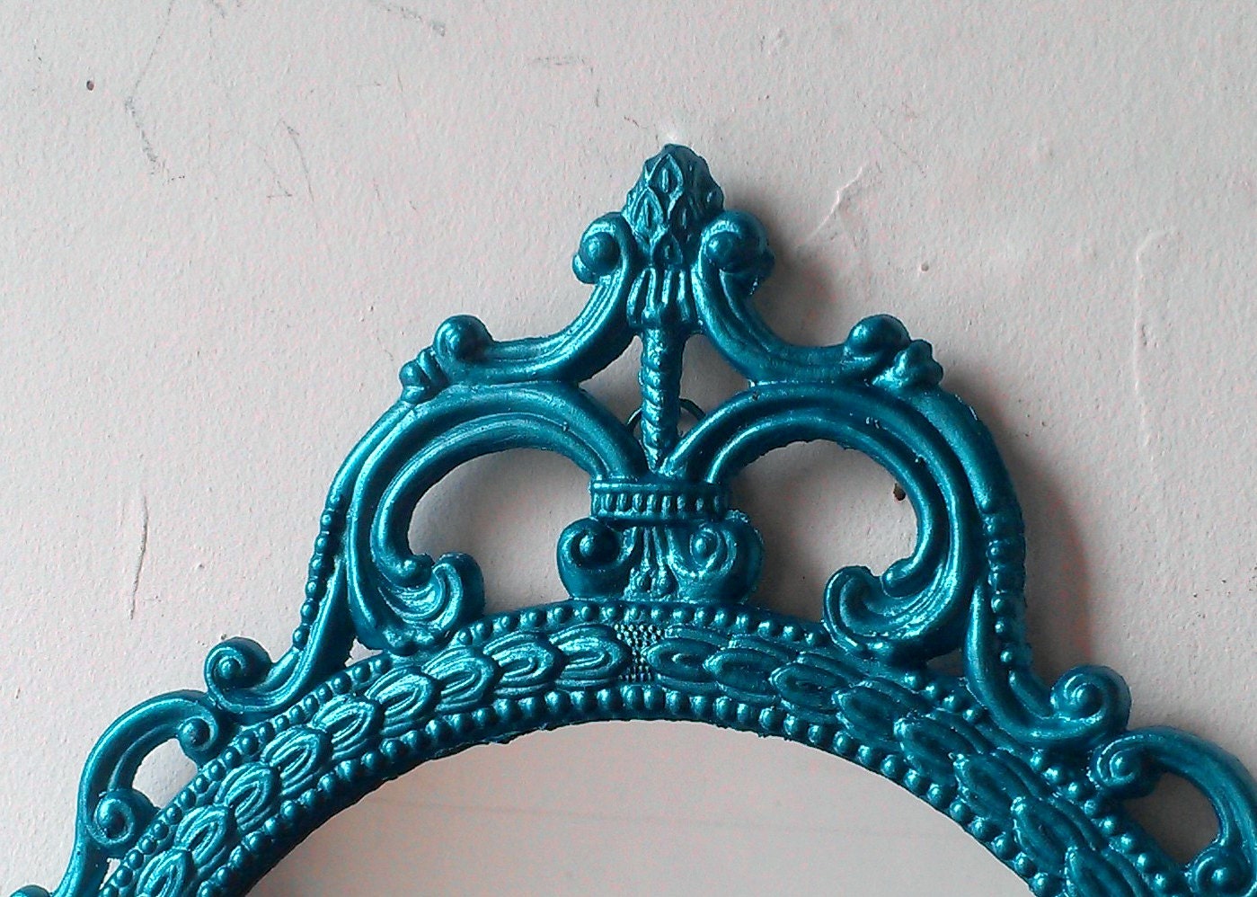 Ornate Oval Mirror in Vintage Metal Frame - 17 x 12 inch Handpainted Brass in Shimmering Aqua