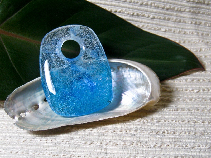 Ocean Blue Glass Oblong Pendant / Large Focal Bead /  Blue Clear Blend / Meditation Bead / Craft Supply