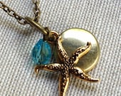 Tiny Brass Locket and Starfish Necklace on Antique Gold Chain, Summer, Beach, Bright Blue, Ocean, Handmade