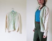 vintage 1960s Sweater Cardigan // Pastel Yellow and Lime Green // Geometric // Granny // Wool // M/L