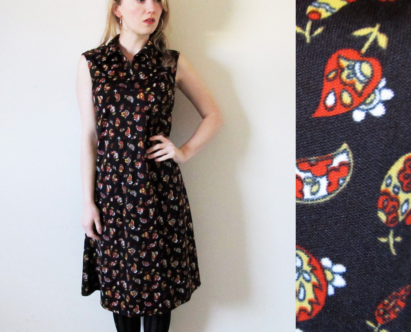 vintage 1960s dress // black // folk print // sleeveless // peter pan collar // Yoke // size small s // size medium m