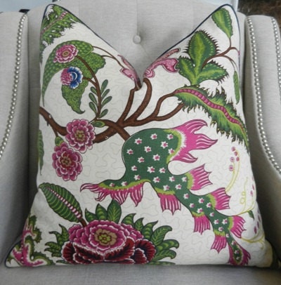 Decorative Designer Lumbar Pillow Cover - 20"X20" - Schumacher Sinhala Linen print in jewel - Pattern on the front
