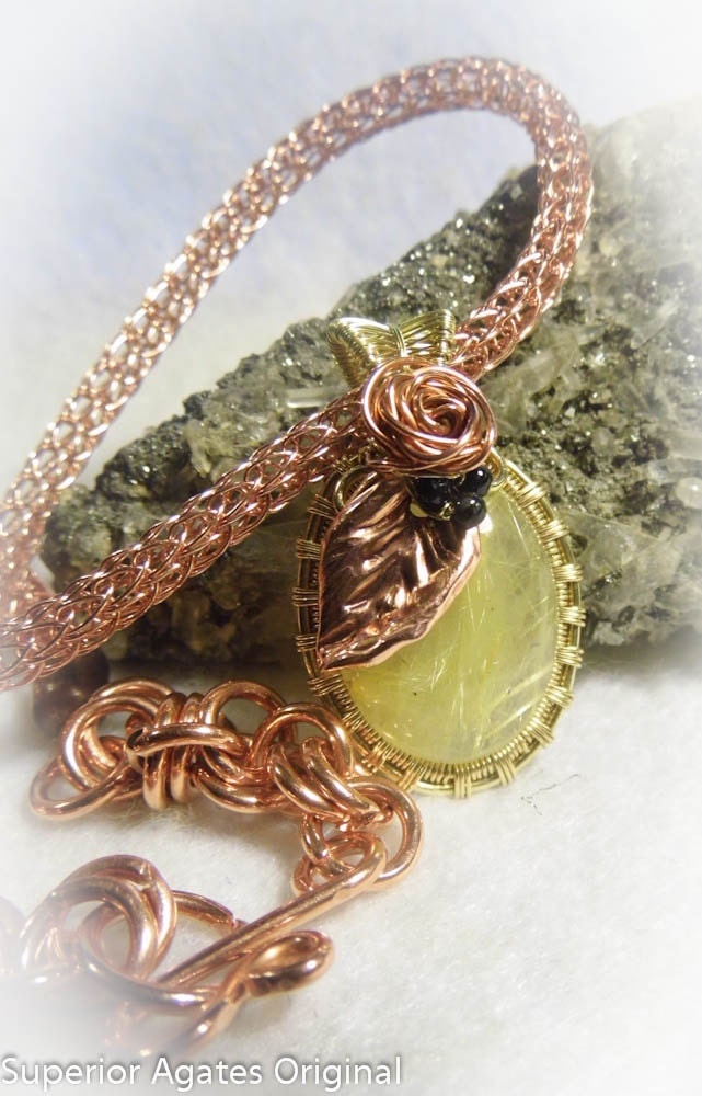 Rutilated Quartz Wire Wrapped Brass Copper Stone Viking Knit Necklace