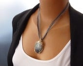 Grey Agate Wire Wrapped Cabochon Pendant Necklace