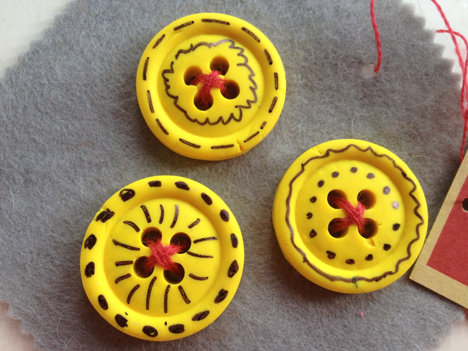 MAY 10% SALE  3 large handmade yellow clay buttons , handpainted