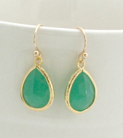 Green Teardrop Earrings, Gold Earrings, Bridal Jewelry, Friends Birthday