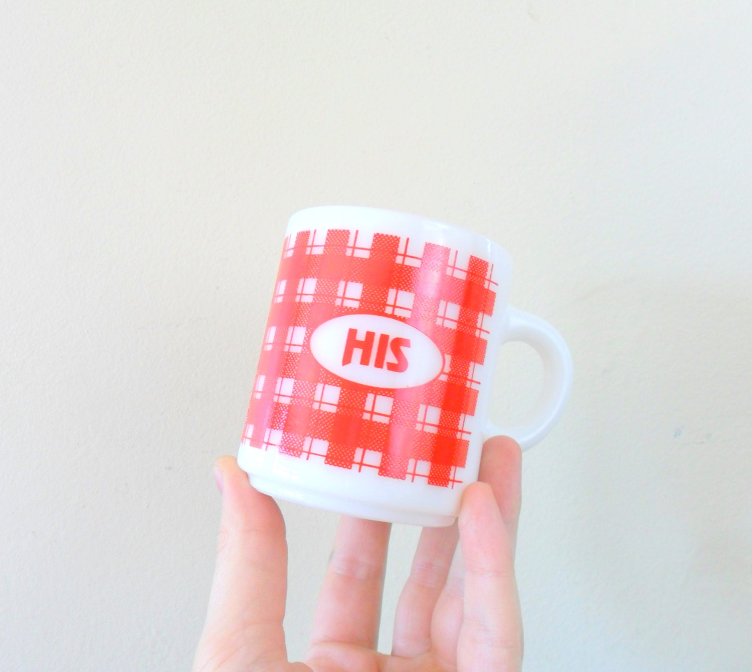 vintage plaid milk glass his mug - fathers day gift - red