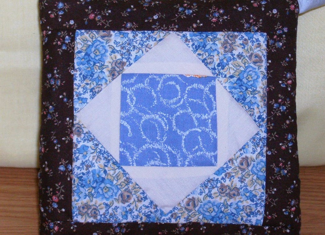 POT HOLDER Blues Browns Patchwork, Square in Square Pattern,  Traditional, Hand Made, Potholder, Wall Art,