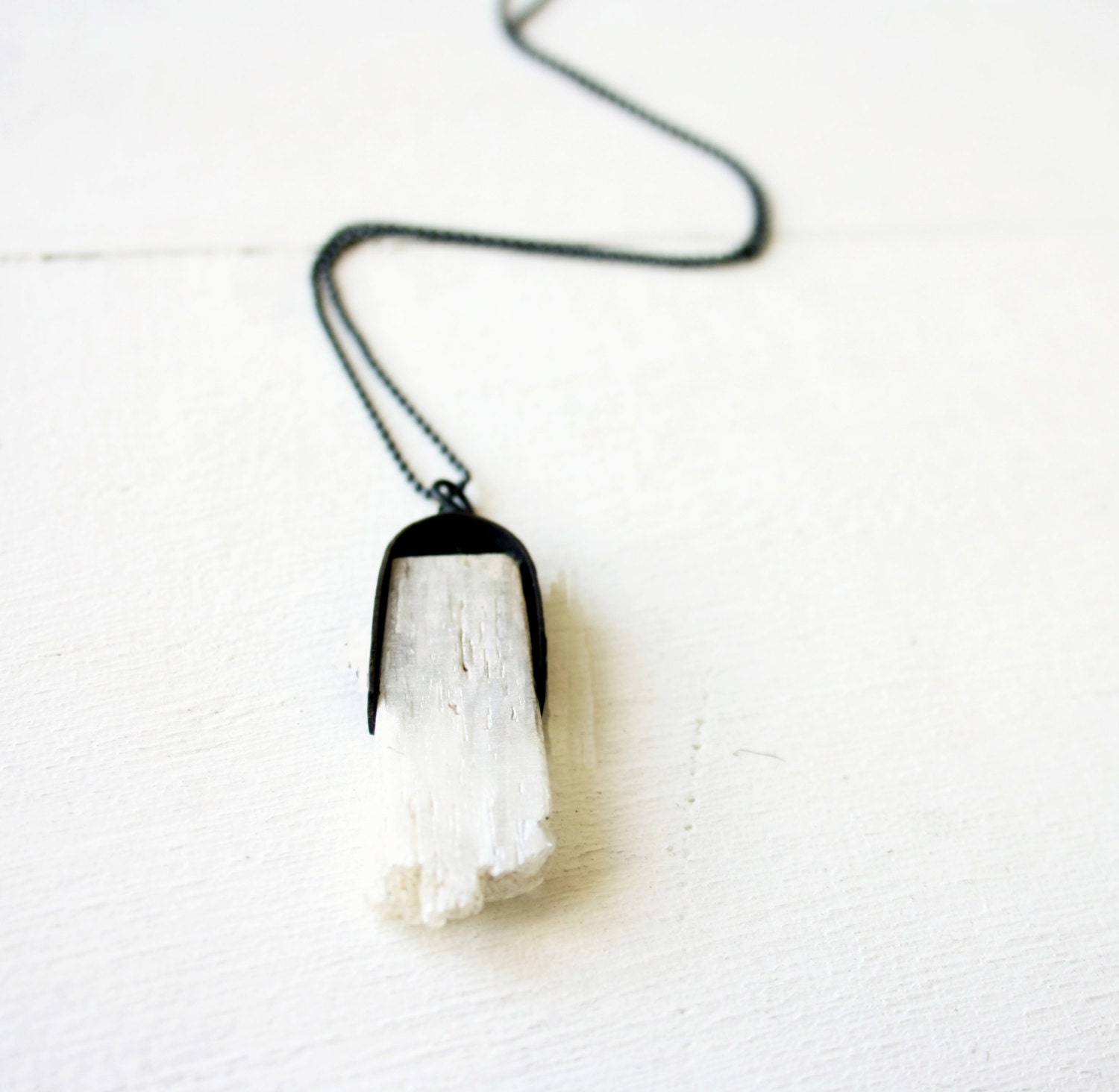 White Kunzite rough Crystal necklace in black silver handmade gifts under 50
