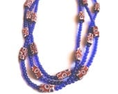 Three Strand glass bead necklace cobalt blue beads and Italian Murano vintage beads with MOP and sterling silver