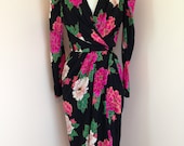 Stunning Pure Silk Floral WAYNE CLARK Aline Marelle High Fashion Vintage Dress