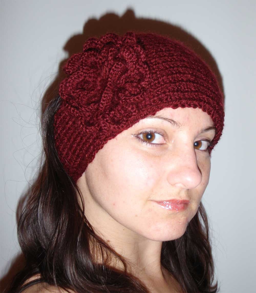 Earwarmer headband ear warmer crochet knit head band deep red flower head wrap gift woman teen adult