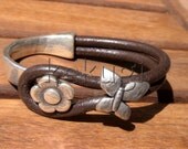 women brown leather bracelet sterling silver plated half cuff button clasp  flower finding jewellery