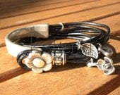 women black leather wrap bracelet sterling silver plated half cuff button clasp  flower finding jewellery