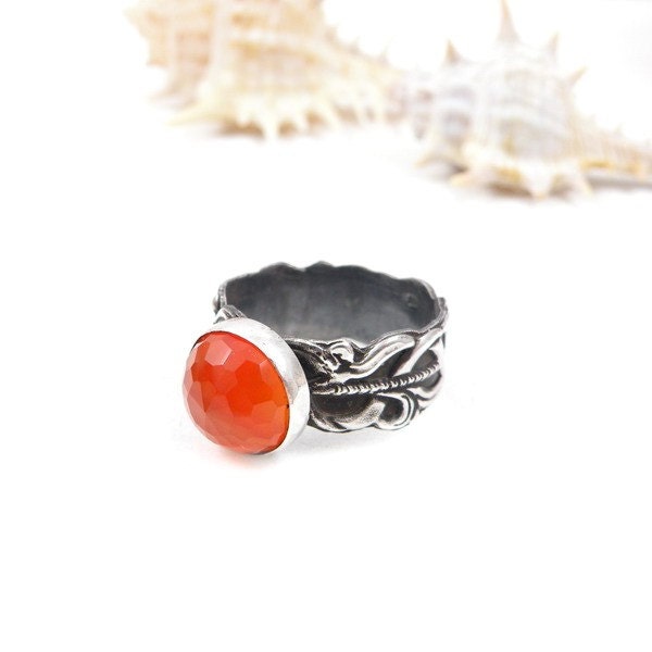 Sterling silver metalwork ring with carnelian, ornament band