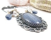 Sterling silver wedding necklace , blue kyanite and keishi pearls - MadeBySunflower