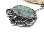 Metalwork silver brooch , gemstone pendant , sterling silver jewelry , labradorite fine brooch , vintage style jewelry