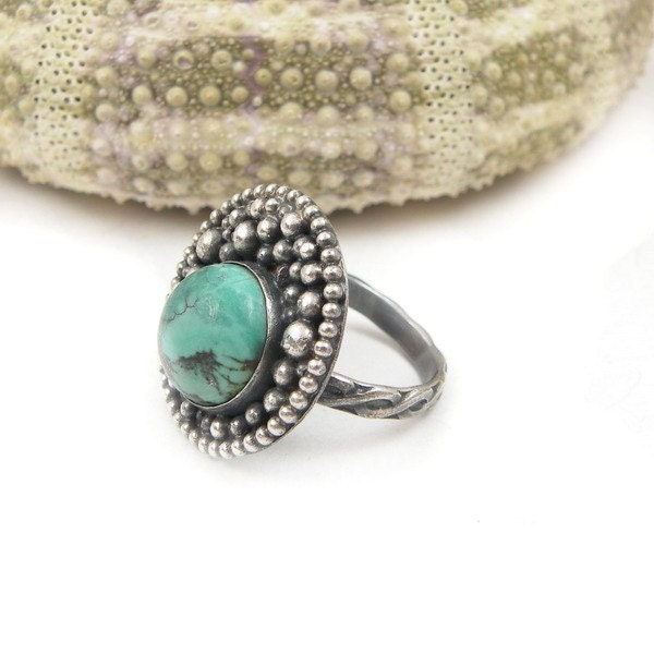 Turquoise ring , sterling silver ring , dots ring , metalwork jewelry , birthstone jewelry
