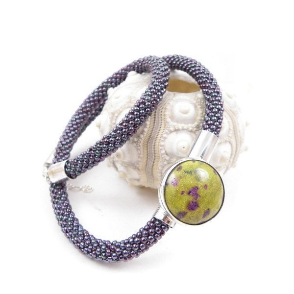 Beads crochet rope necklace with sterling silver and jasper , metalwork , green purple