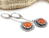 Sterling silver metalwork earrings , long and dangle , orange earrings , August birthstone jewelry