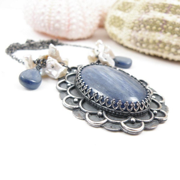 Sterling silver wedding necklace , blue kyanite and keishi pearls