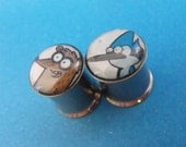 Mordecai and Rigby picture plugs gauges embedded resin filled - Made to Order 4, 2, 0, 00, 7/16, 1/2