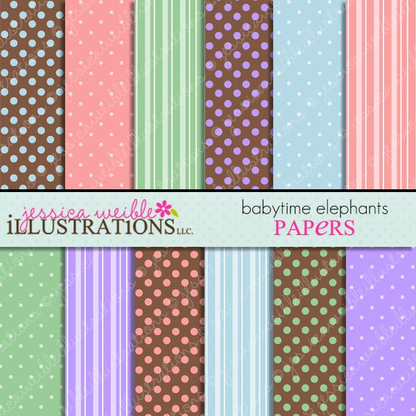 Babytime Elephants Cute Digital Papers Backgrounds for Invitations, Card Design, Scrapbooking, and Web Design Il_570xn