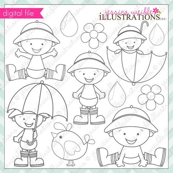 April Shower Baby Cute Digital Stamps, Rain Gear Baby Line Art, Digital Stamp Il_570xn