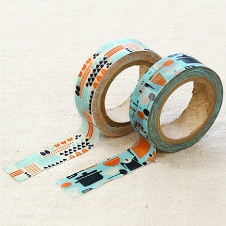 2 Set - Kamome dinner Blue Orange Adhesive Masking Tapes (0.6in)