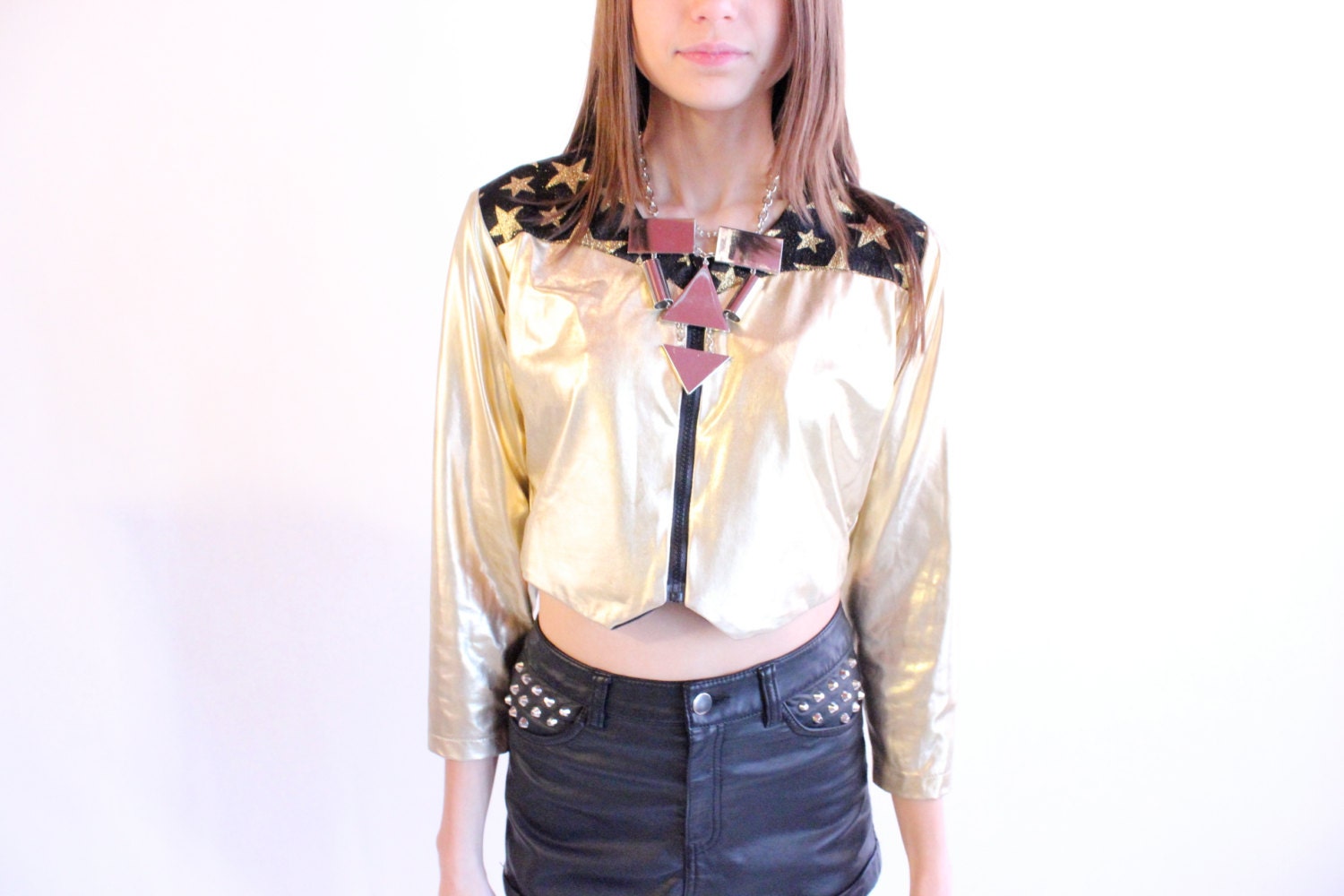 GOLD STAR 80s Sparkly Gold and Black Star Cropped Grunge Club Kid Punk Cropped Blouse
