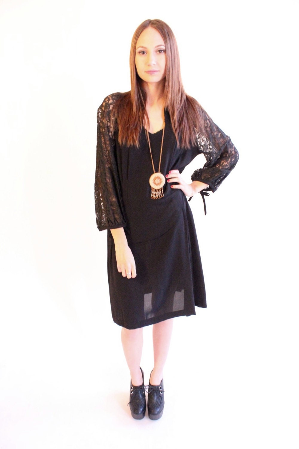 KORA 60s Black Lace Drop Waist Witchy Goth Dress