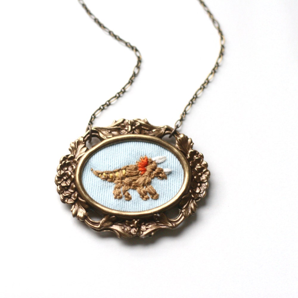 Mr. Triceratops- hand embroidered necklace, dinosaur, colorful, dino