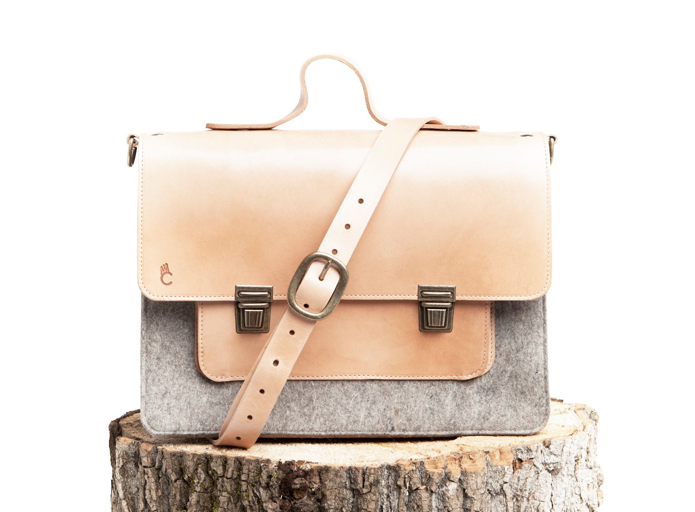 Messenger Bag 13 inch MacBook Pro Sleeve - Grey Wool Felt and Natural Vegetable Leather - Laptop Case