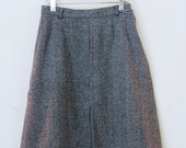 Dusty Blue Herring Bone Knee Length A-Line Skirt, Vintage Size 6