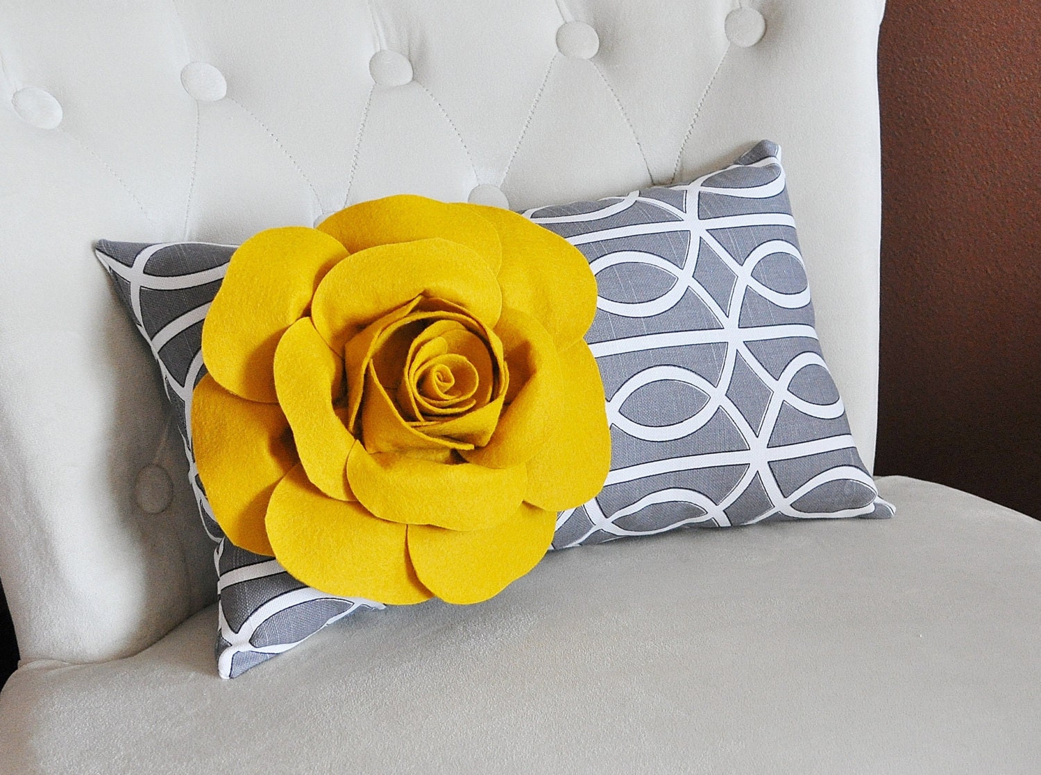 Mustard Rose on Charcoal Gray Porta Bella Print Lumbar Pillow -Lattice Decorative Pillow-