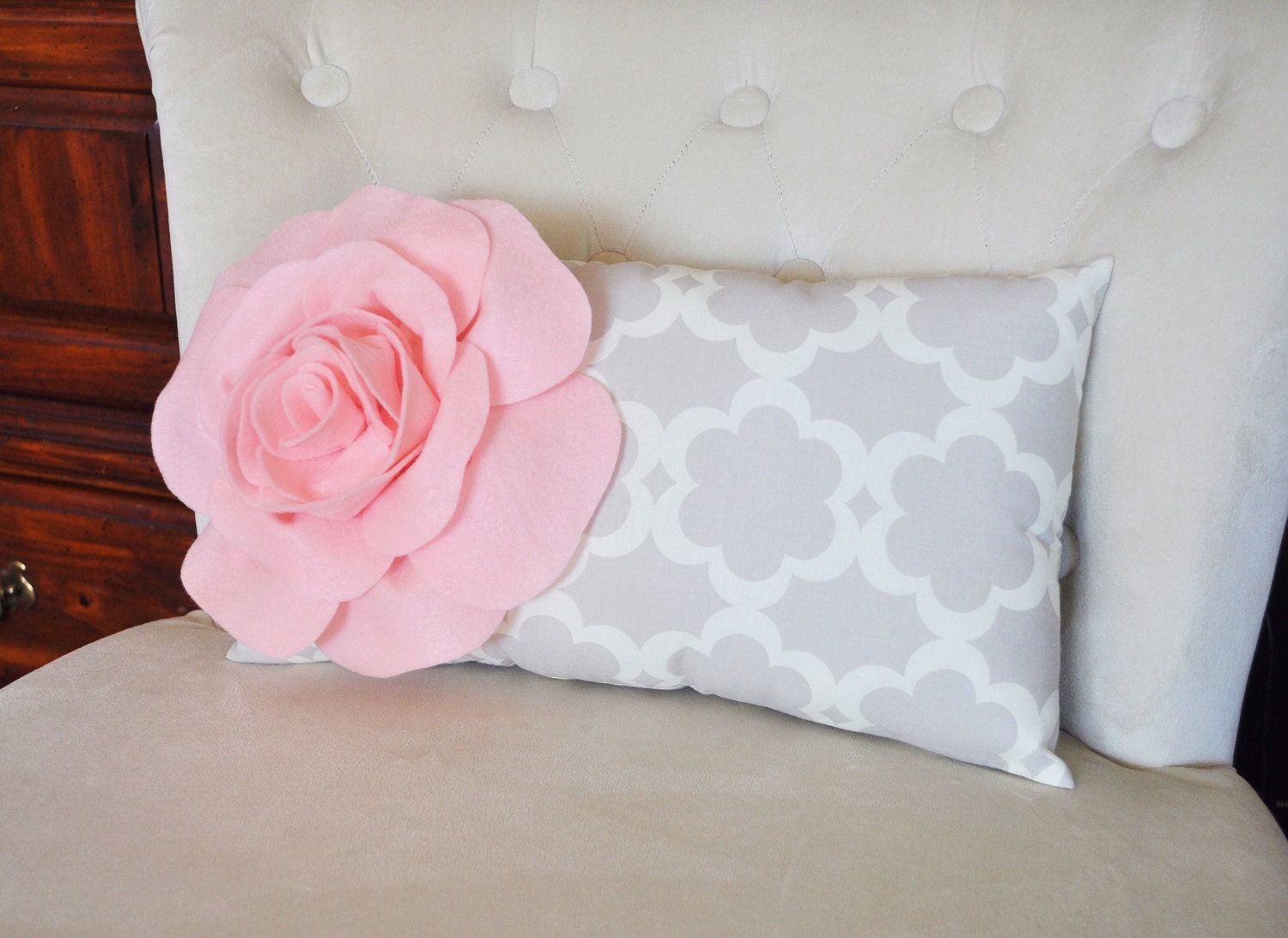 Lumbar Pillow Light Pink Rose on Gray Tarika Lumbar Pillow 9 x 16 -Lattice Trellis-