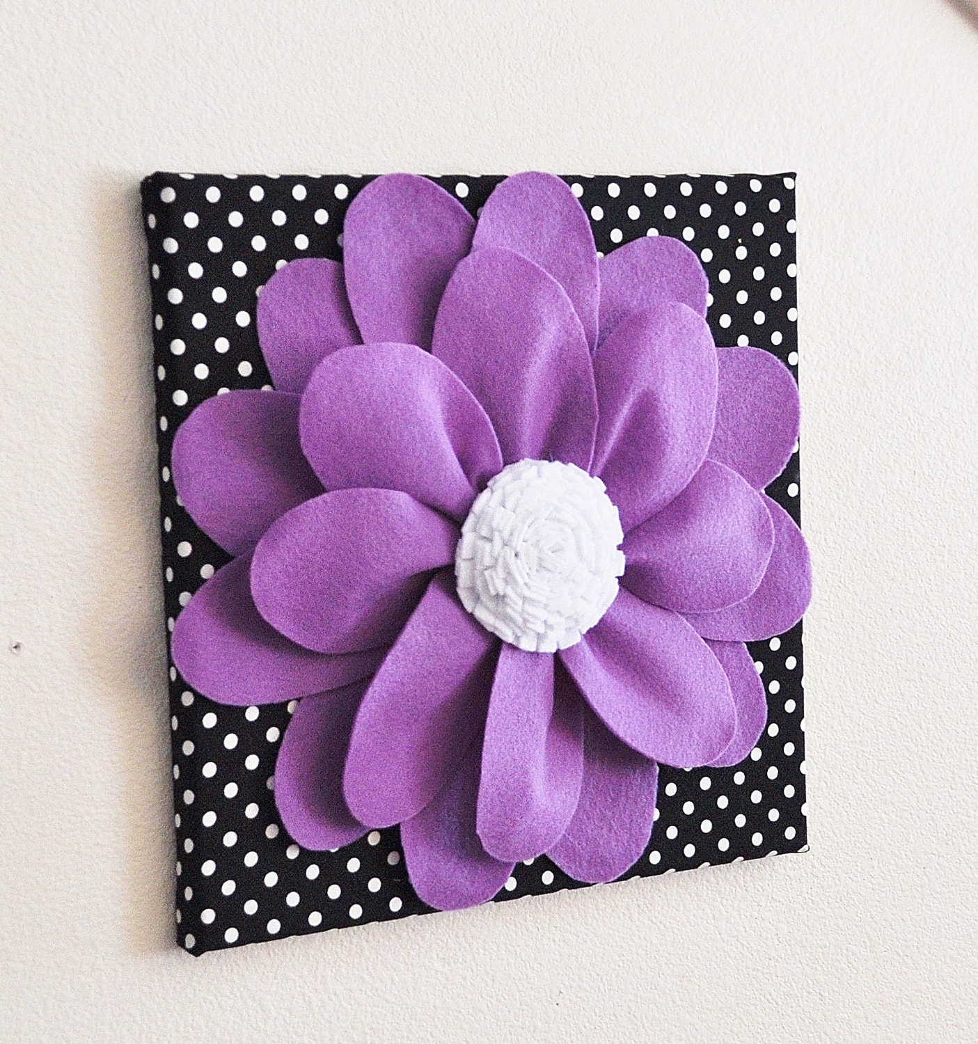 Wall Decor -Lavender Daisy on Black and White Polka Dot 12 x12" Canvas Wall Art- Baby Nursery Wall Decor-