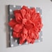 Wall Flower Decor -Coral Dahlia on Gray and White Polka Dot 12 x12" Canvas Wall Art- Baby Nursery Wall Decor-