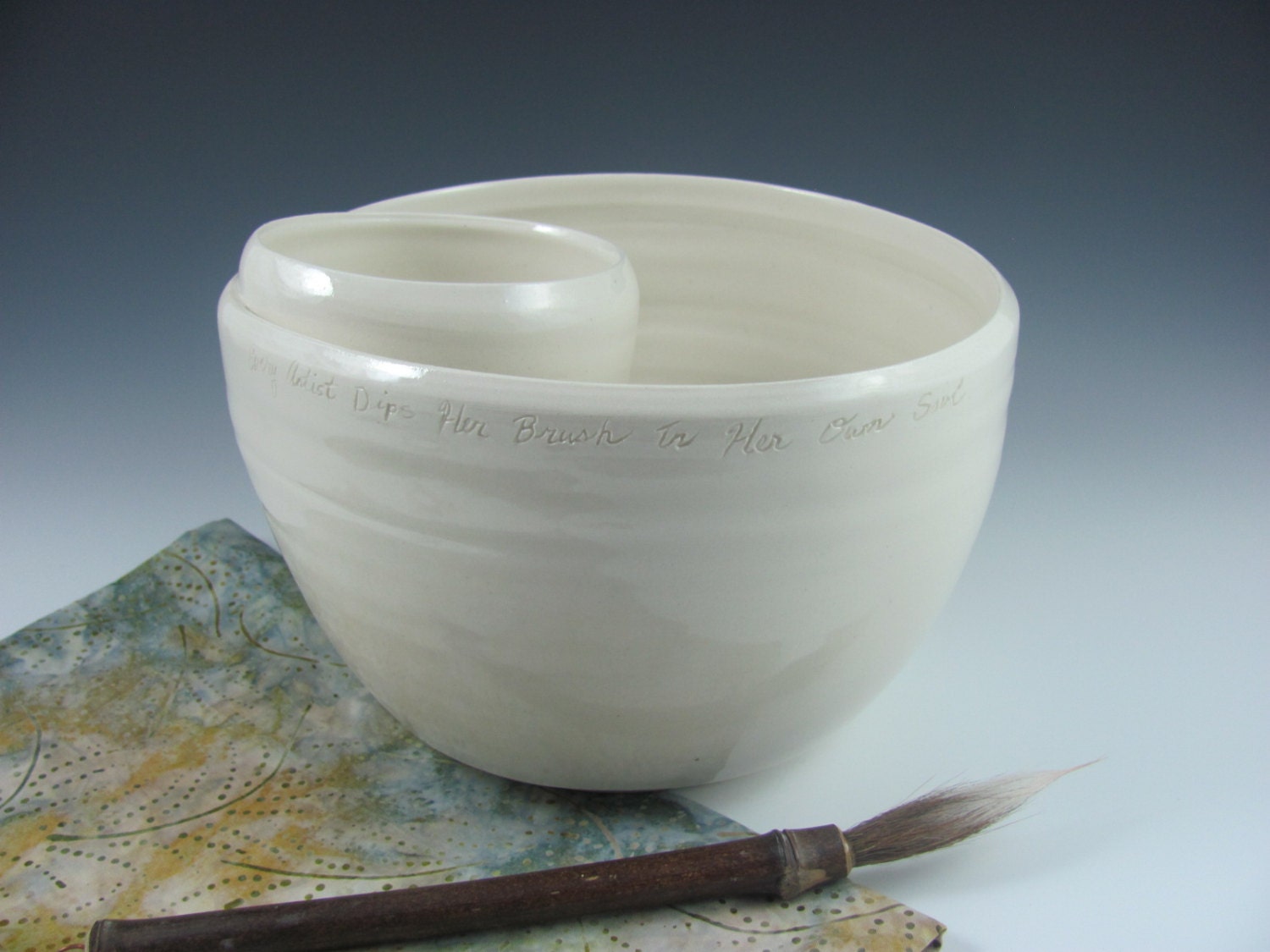 Watercolor Painting Brush Double Bowl:  Ceramic Wheel Thrown Porcelain Glazed in Clear White, Handmade by Licia Lucas Pfadt