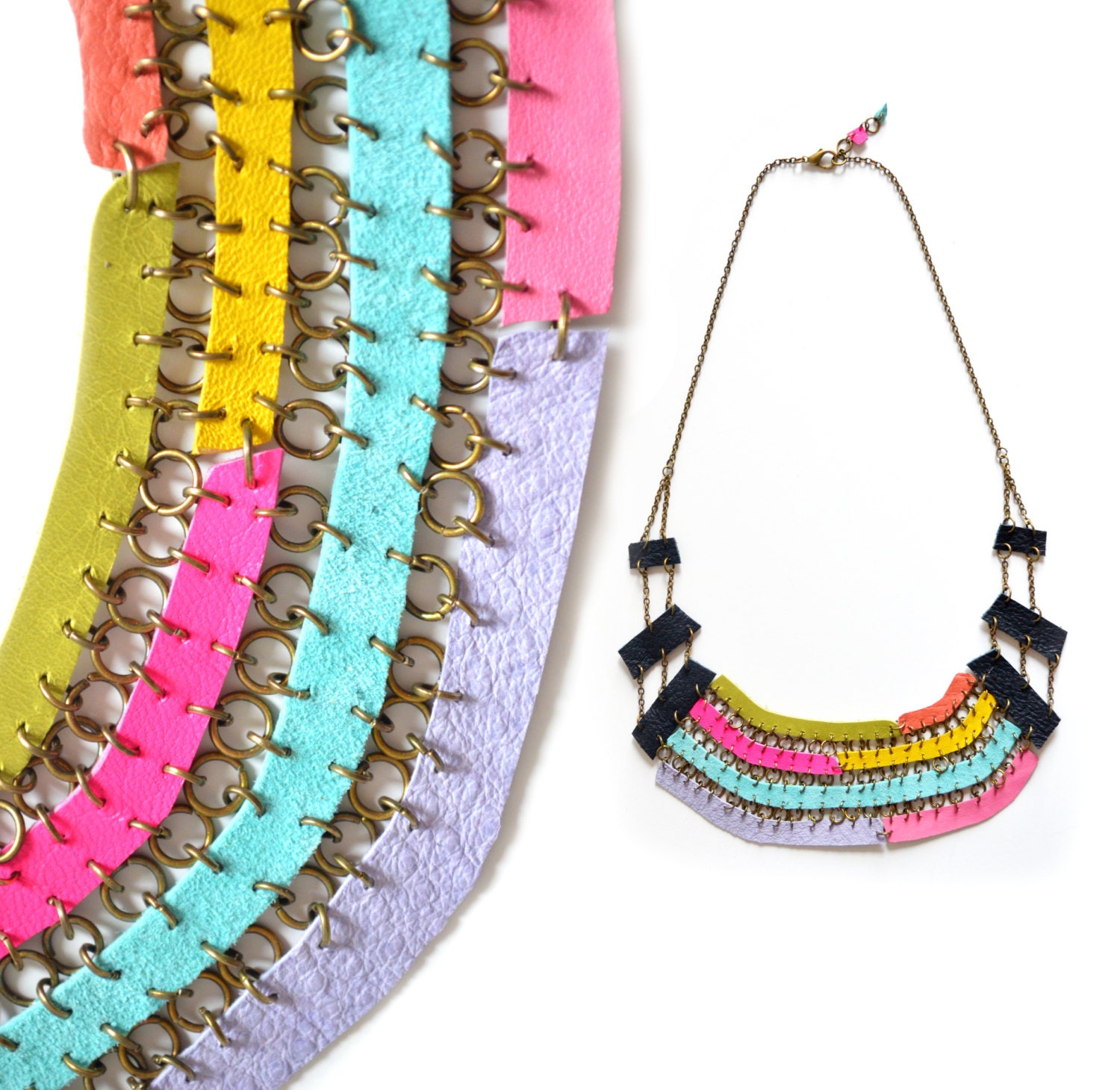 Leather Statement Necklace Neon Tribal Geometric Necklace Chainmaille Statement Jewelry