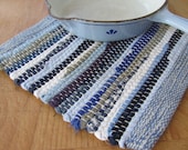 Pot Holder, Hand Woven Kitchen Hot Mat, Blue, Beige & White Recycled Cotton Rag, Cottage, Cabin, Farmhouse Decor, Gourmet Cookie Baking