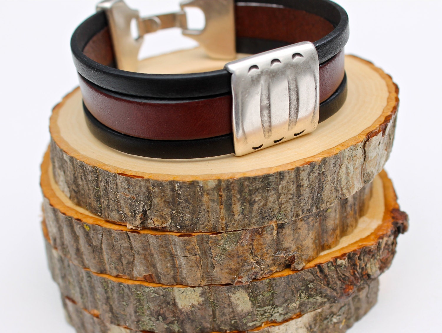 Wide Men's Bracelet Brown Black Leather Bracelet Dude Gift For Dad Amy Fine Design