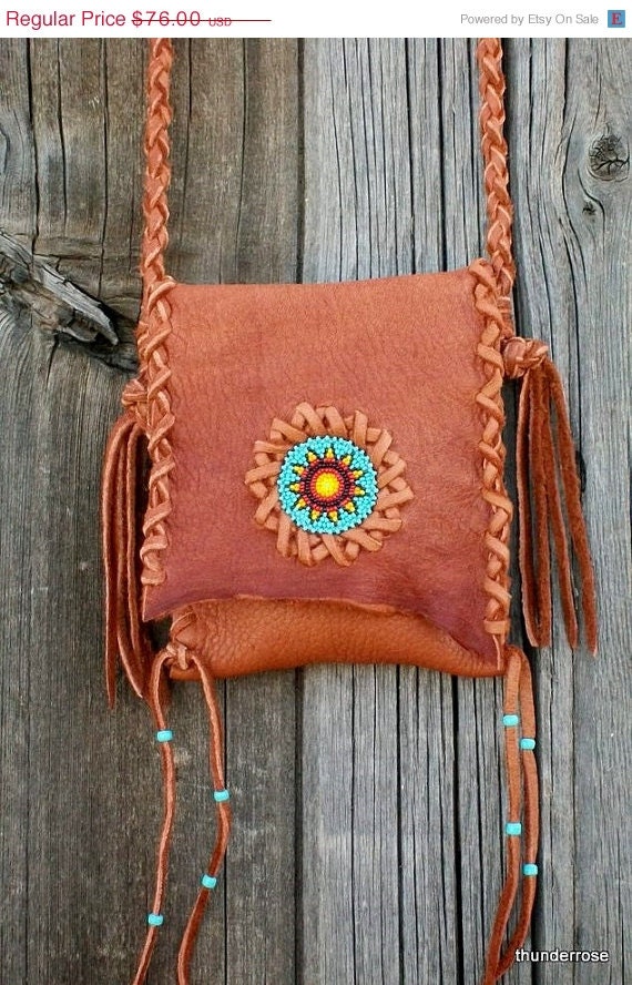 Beaded leather handbag Smartphone bag Buckskin leather crossbody tote with beaded sunflower rosette