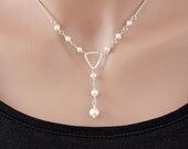 White Freshwater Pearl Necklace, Triangle Necklace, Sterling Silver Necklace