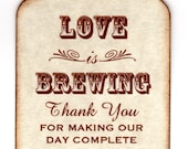 50 Personalized Love Is Brewing Wedding Favor Tags / Place Cards / Thank You Tags / Coffee or Tea Tags / Labels - Vintage Style