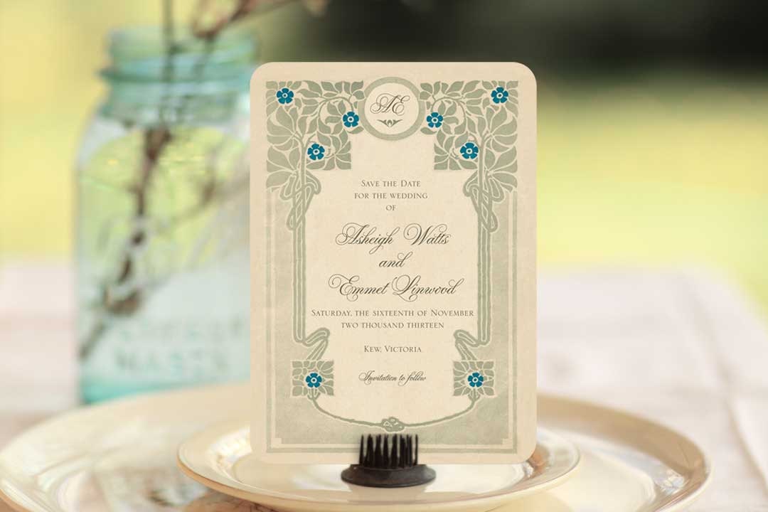 Wedding Invitation Save the Dates - Art Nouveau - Arts & Crafts Inspired set of 100