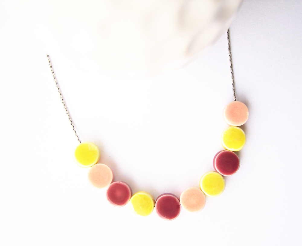 Ceramic Jewelry - Modern Neklace, Porcelain Beads, Yellow, Mauve, Berry, Peachy Pink, Multicolor, Multi Color, Sterling Silver or Plated