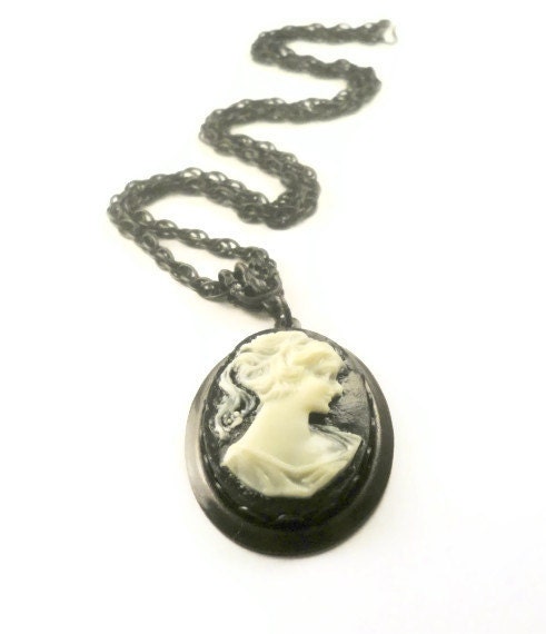 Black Cameo Necklace Antique Brass Chain Neo Victorian Handmade Jewelry Antique Cameo Jewelry