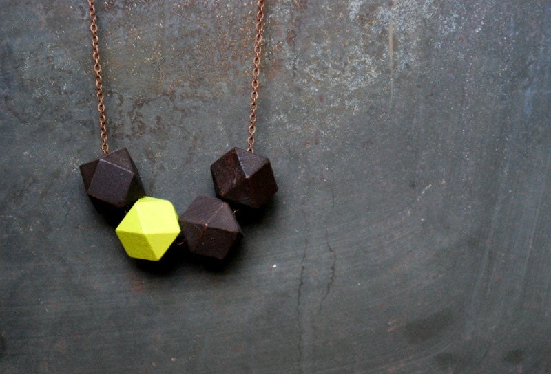 Black Walnut And Neon Green Nugget  Geometric Wood Necklace - Boho Necklace - Everyday