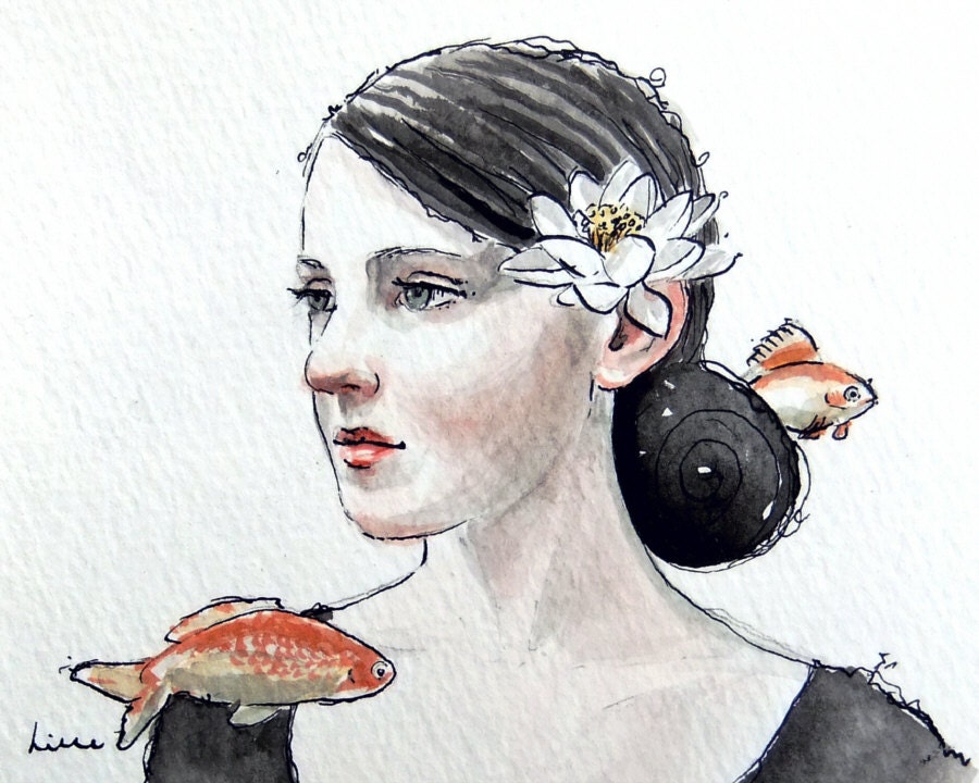 Water" study-- signed (8x10)  Print of an Original Ink and Watercolor Painting by Liese Chavez